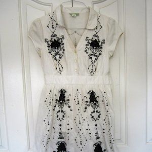 Anthropologie Lil Black and White Embroidered Dress Knee Length European Size 8
